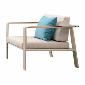 Nofi lounge stoel alu white grey/teak + light grey met blauw sierkussen