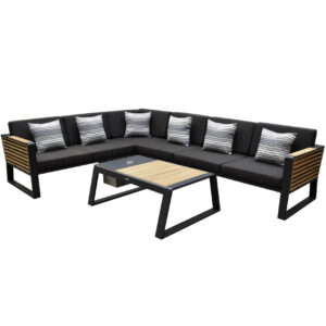 New-York hoek loungeset 5-delig zwart aluminium teak