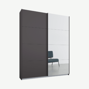 Malix tweedeurs kledingkast met schuifdeuren, 135 cm, grafietgrijs frame, mat grafietgrijs en spiegeldeuren, standaard interieur