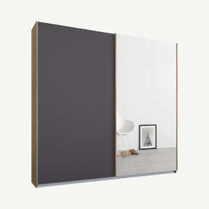 Malix tweedeurs kledingkast met schuifdeuren, 181 cm, eiken frame, mat grafietgrijs en spiegeldeuren, standaard interieur