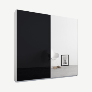 Malix tweedeurs kledingkast met schuifdeuren, 181 cm, wit frame, basaltgrijs glas en spiegeldeuren, standaard interieur