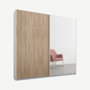Malix tweedeurs kledingkast met schuifdeuren, 181 cm, wit frame, eiken en spiegeldeuren, standaard interieur