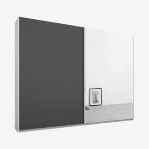 Malix kledingkast met 2 schuifdeuren, 225 cm, wit frame, mat grafietgrijs en spiegeldeuren, standaard binnenkant