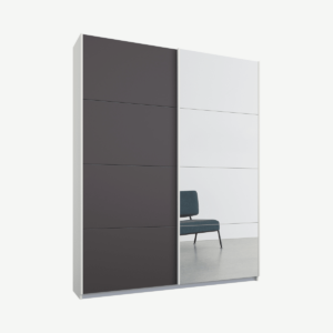 Malix tweedeurs kledingkast met schuifdeuren, 135 cm, wit frame, mat grafietgrijs en spiegeldeuren, klassiek interieur