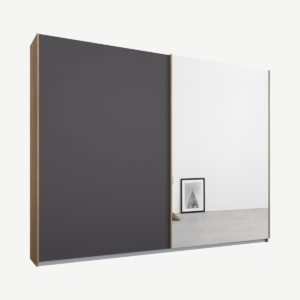 Malix kledingkast met 2 schuifdeuren, 225 cm, eiken frame, mat grafietgrijs en spiegeldeuren, standaard binnenkant