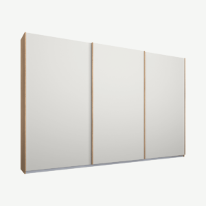Malix kledingkast met 3 schuifdeuren, 270 cm eiken frame, matte, witte deuren, standaard binnenkant
