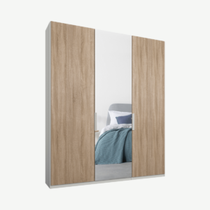 Caren driedeurs kledingkast met handvatten, 150 cm, wit frame, eiken en spiegeldeuren, premium interieur