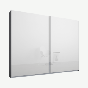 Malix kledingkast met 2 schuifdeuren, 225 cm, grafietgrijs frame, witte, glazen deuren, standaard binnenkant