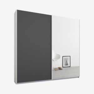Malix tweedeurs kledingkast met schuifdeuren, 181 cm, wit frame, mat grafietgrijs en spiegeldeuren, standaard interieur