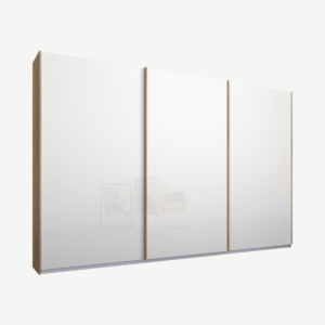 Malix kledingkast met 3 schuifdeuren, 270 cm eiken frame, witte, glazen deuren, standaard binnenkant
