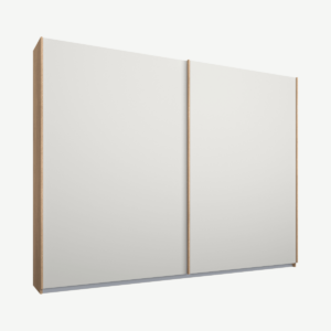 Malix kledingkast met 2 schuifdeuren, 225 cm, eiken frame, matte, witte deuren, standaard binnenkant