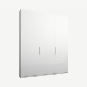 Caren driedeurs kledingkast met handvatten, 150 cm, wit frame, witte glazen deuren, premium interieur